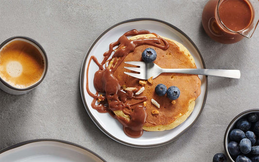 Dark and Milk chocolate chip pancakes with chocolate caramel sauce