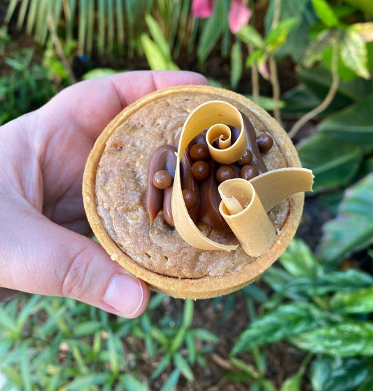 Milk chocolate blondie tarts with a green background