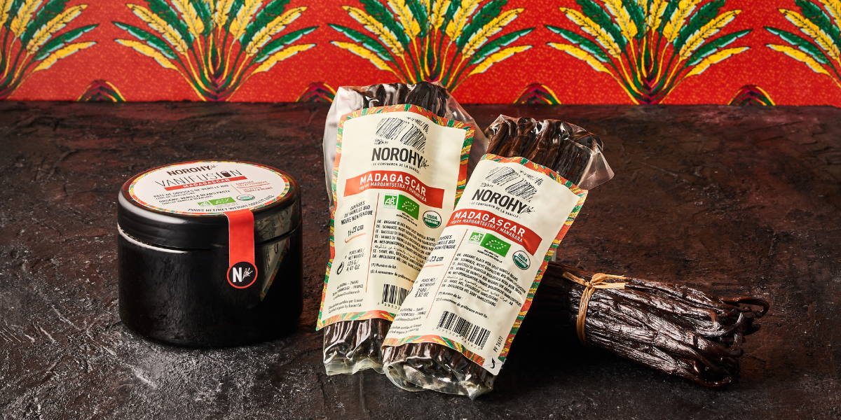 Norohy vanilla range with organic Madagascar vanilla paste and organic Madagascar vanilla pods