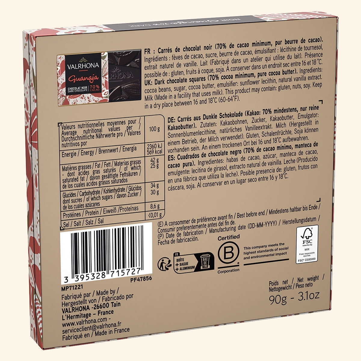 Box 18 Dark Chocolate Squares Guanaja 70 Percent Back Packaging