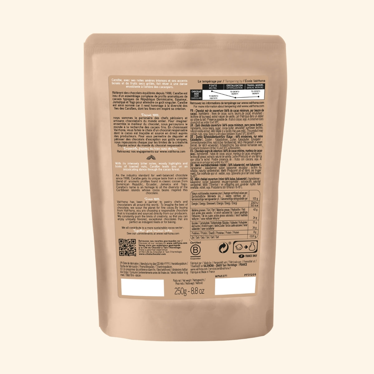 Dark Baking Chocolate Caraibe 66 Percent Small Bag Back Packaging