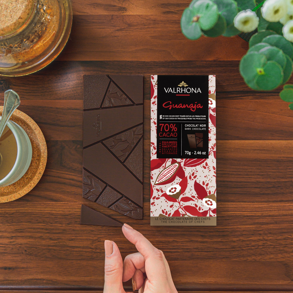 Dark Chocolate Bar Guanaja 70 Percent Packaging Next To Bar