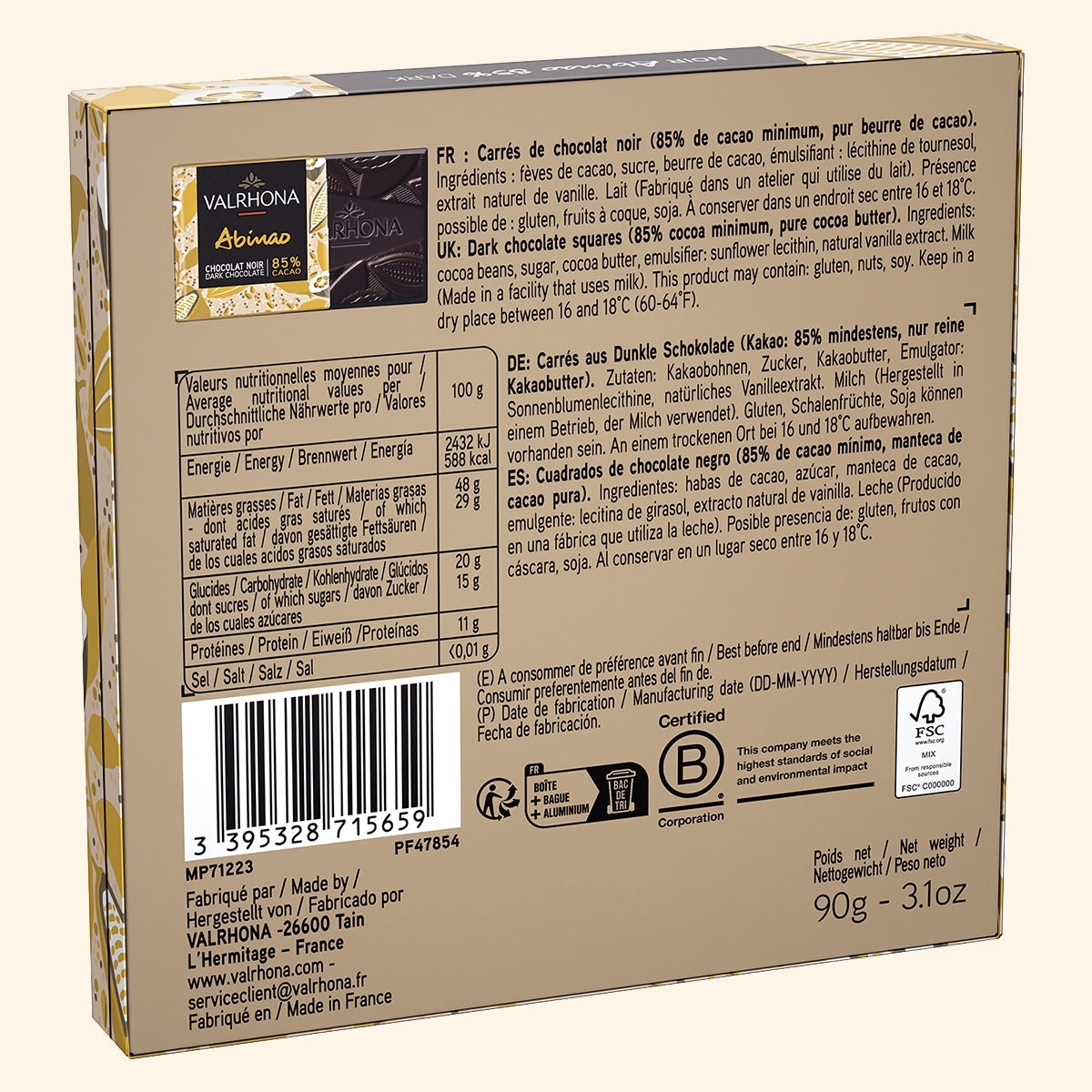 Gift Box 18 Dark Chocolate Squares Abinao 85 Percent Back Packaging