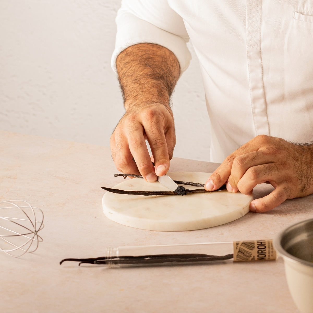 Organic Madagascar Vanilla Beans Tube Of 3 Product In Use By Chef