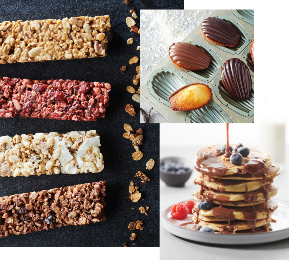 Collage of various food items including granola bars, chocolate-dipped treats, and pancakes with syrup.