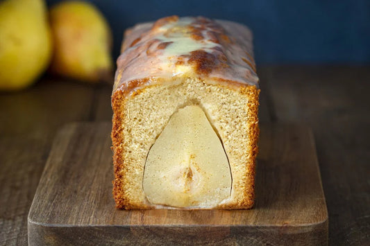 Vanilla cake with poached pears