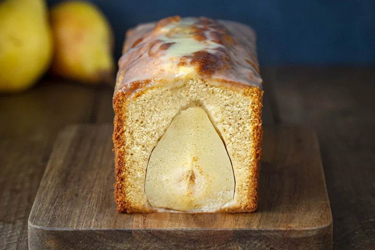 Vanilla cake with poached pears