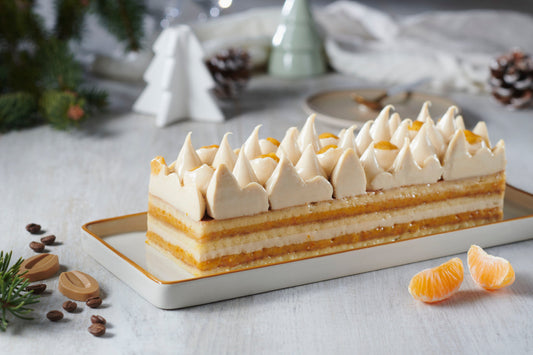 Dulcey chocolate, coffee and tangerine yule log displayed on a plate, next to a few beans and tangerine slices