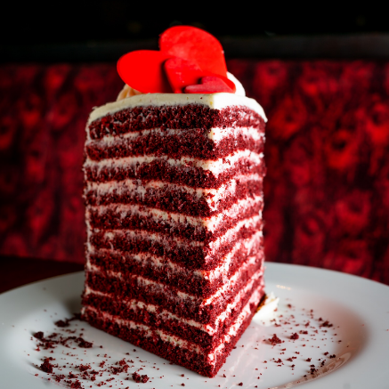 Dark chocolate red velvet cake with vanilla cream cheese filling cut in a slice and ready to be served