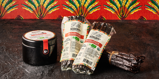 Norohy vanilla range with organic Madagascar vanilla paste and  organic Madagascar vanilla pods