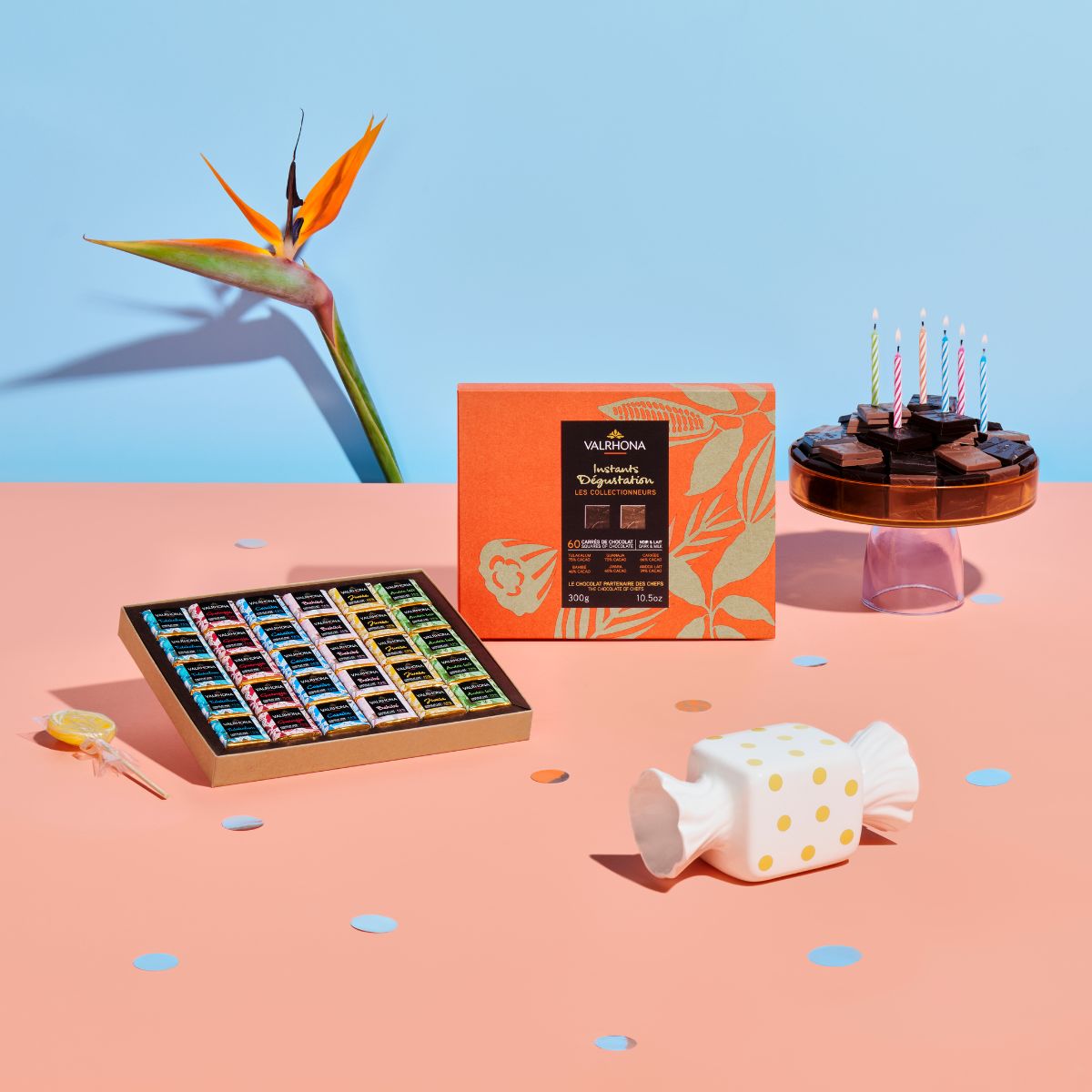 Lifestyle picture of the Valrhona 60 dark and milk chocolates assortment