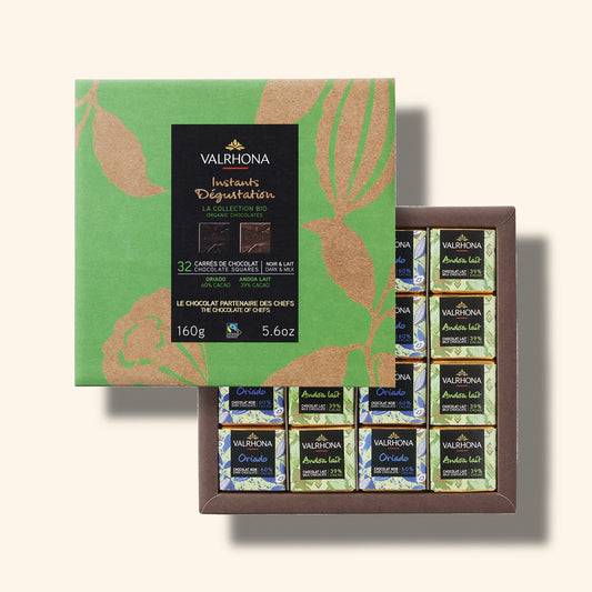 Box 32 Organic Dark Milk Chocolate Squares Front Packaging Open