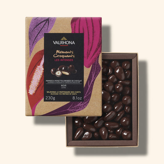 Box Dark Chocolate Covered Almonds Hazelnuts Front Packaging Open