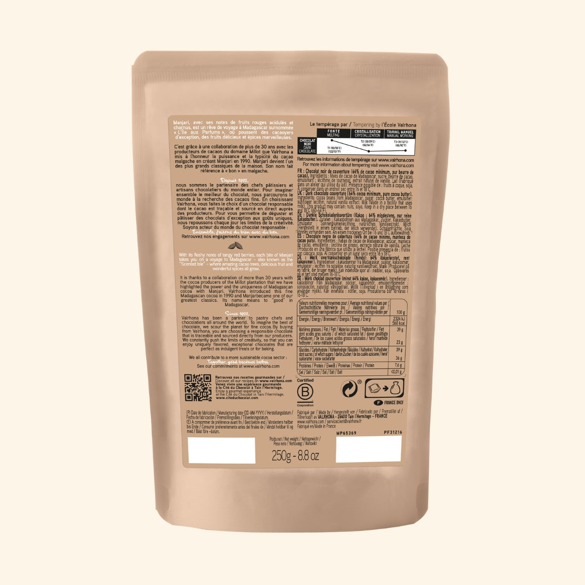 Dark Baking Chocolate Manjari 64 Percent Small Bag Back Packaging