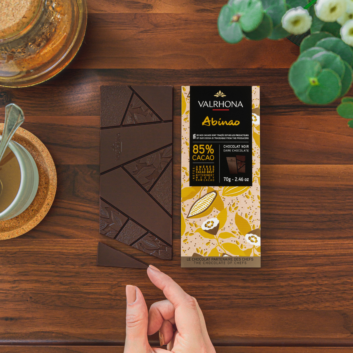 Dark Chocolate Bar Abinao 85 Percent Packaging Next To Bar