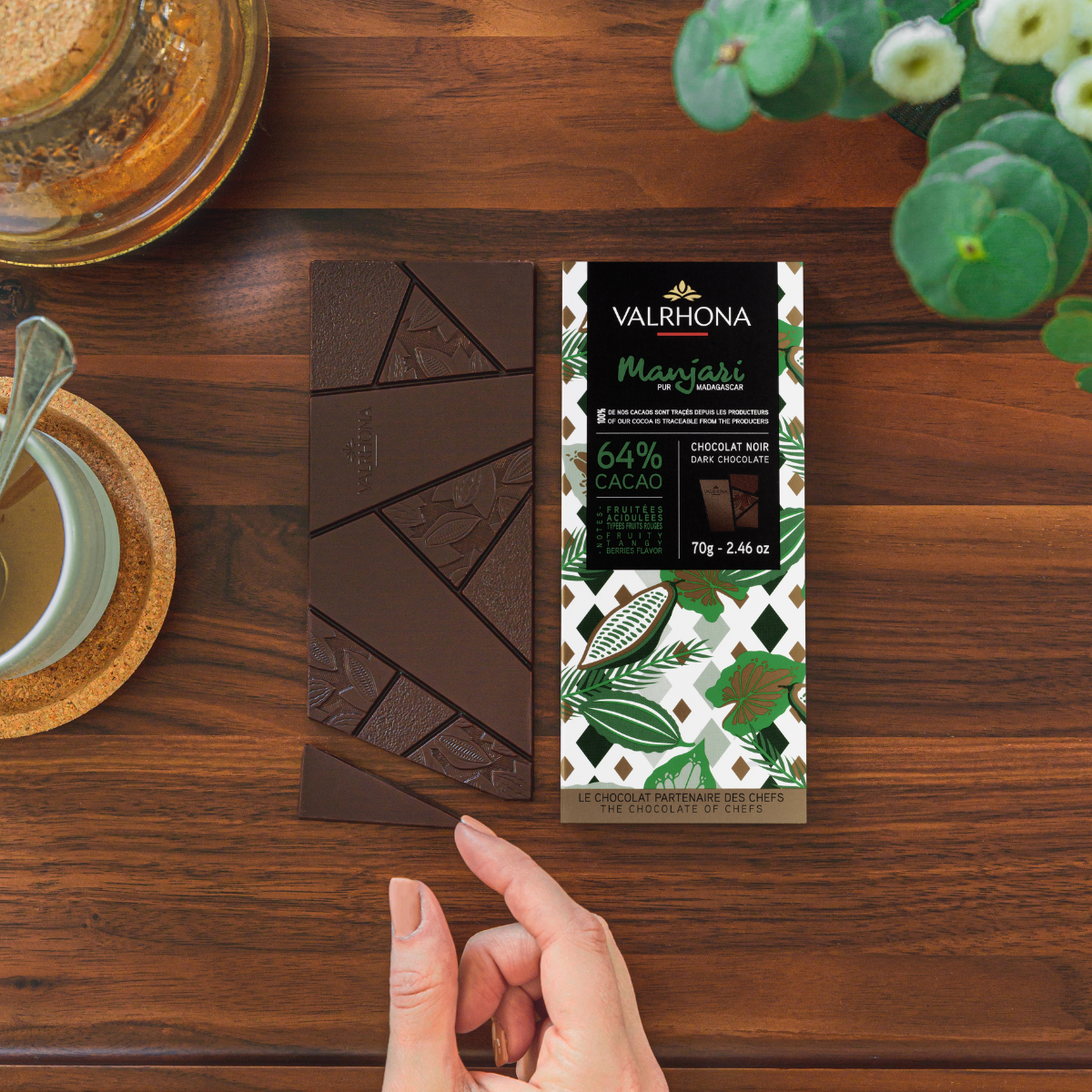 Dark Chocolate Bar Manjari 64 Percent Packaging Next to Bar