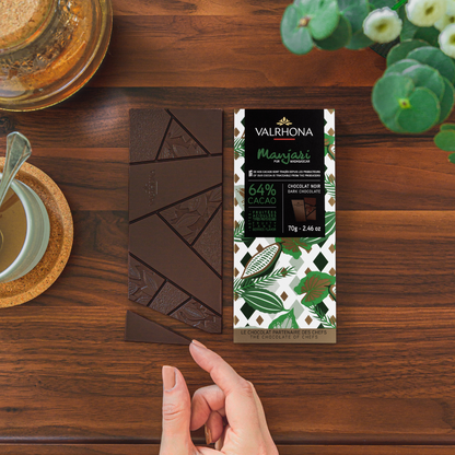 Dark Chocolate Bar Manjari 64 Percent Packaging Next to Bar