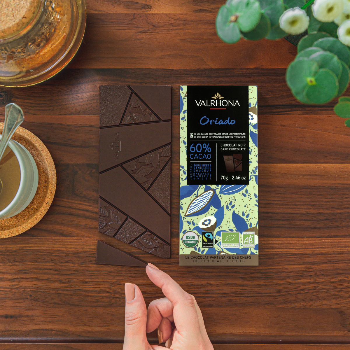 Dark Chocolate Bar Oriado 60 Percent Packaging Next To Bar
