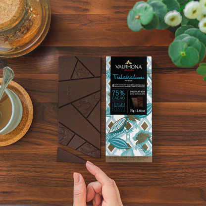Dark Chocolate Bar Tulakalum 75 Percent Packaging Next To Bar