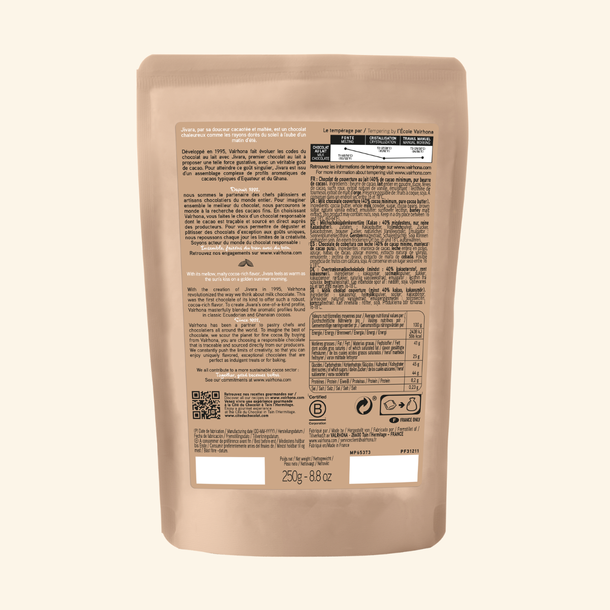 Milk Baking Chocolate Jivara 40 Percent Small Bag Back Packaging