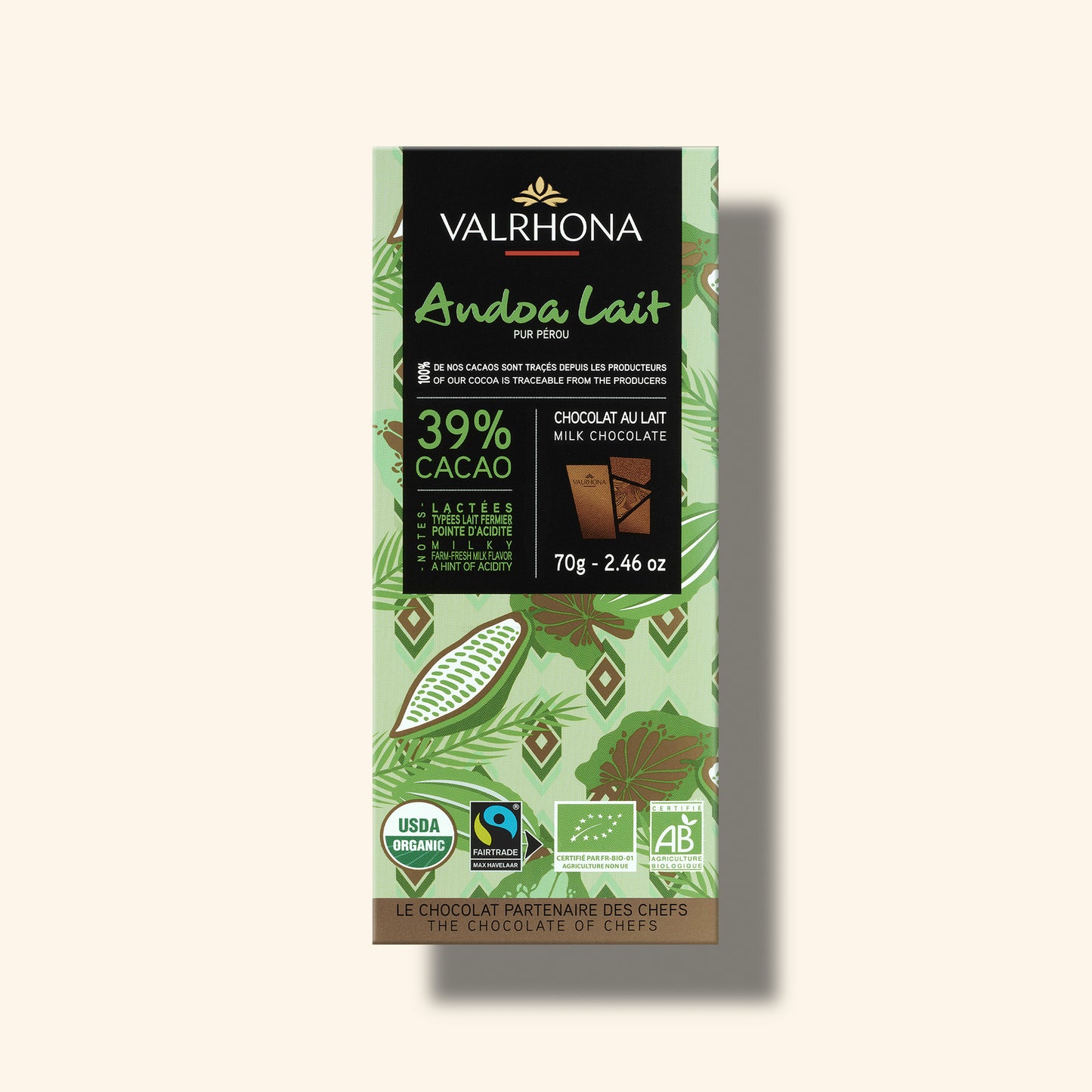 Milk Chocolate Bar Andoa 39 Percent Front Packaging