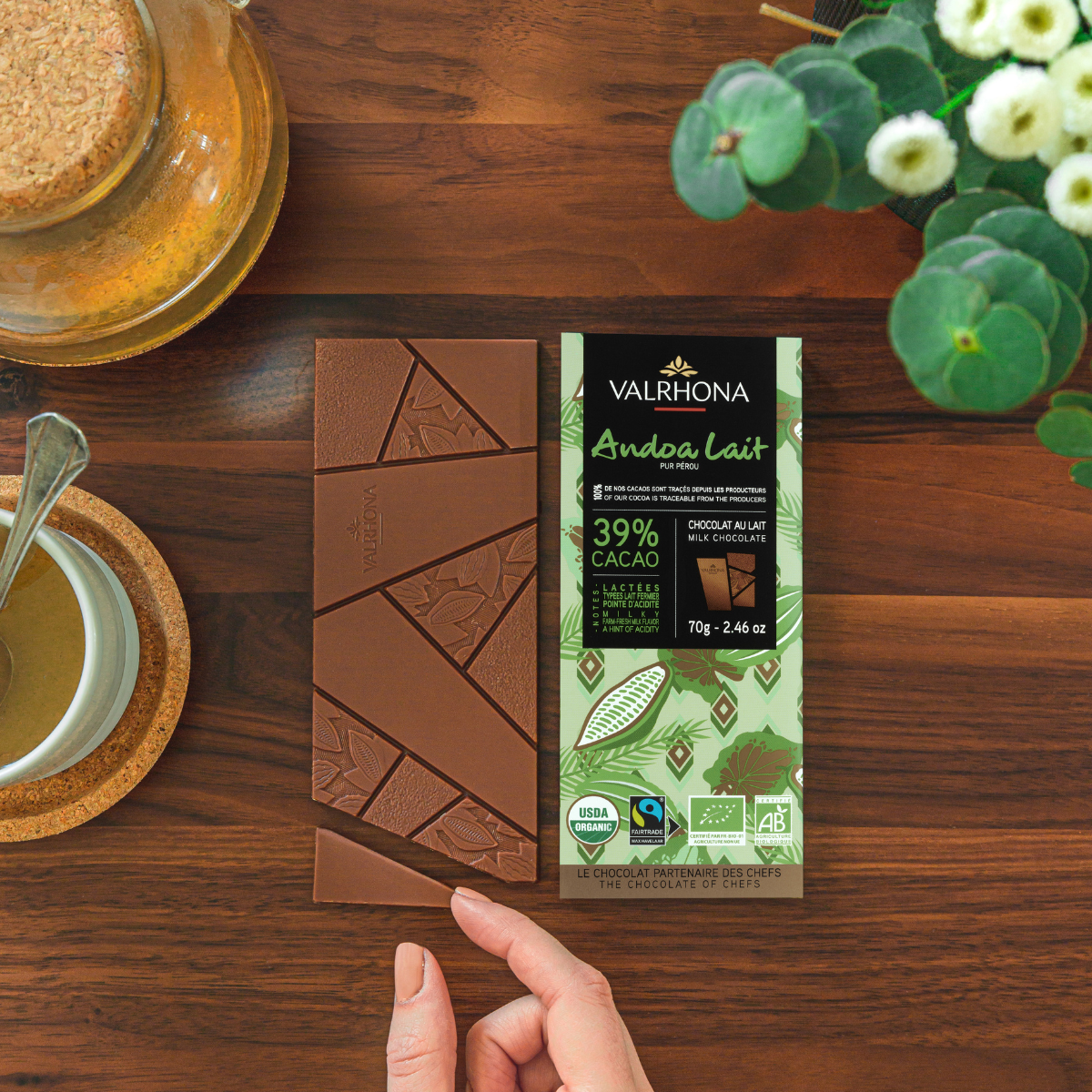 Milk Chocolate Bar Andoa 39 Percent Packaging Next To Bar