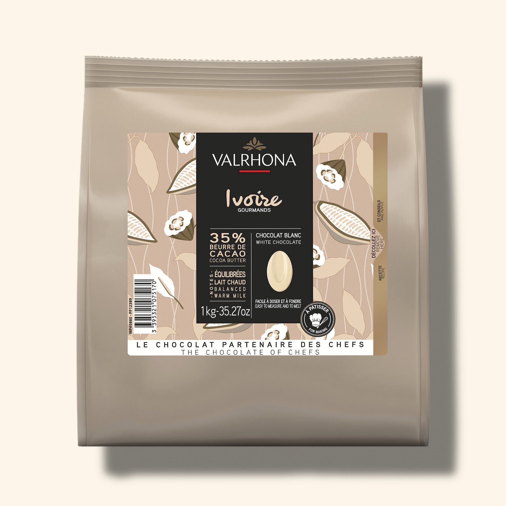 White Baking Chocolate Ivoire 35 Percent Big Bag Front Packaging