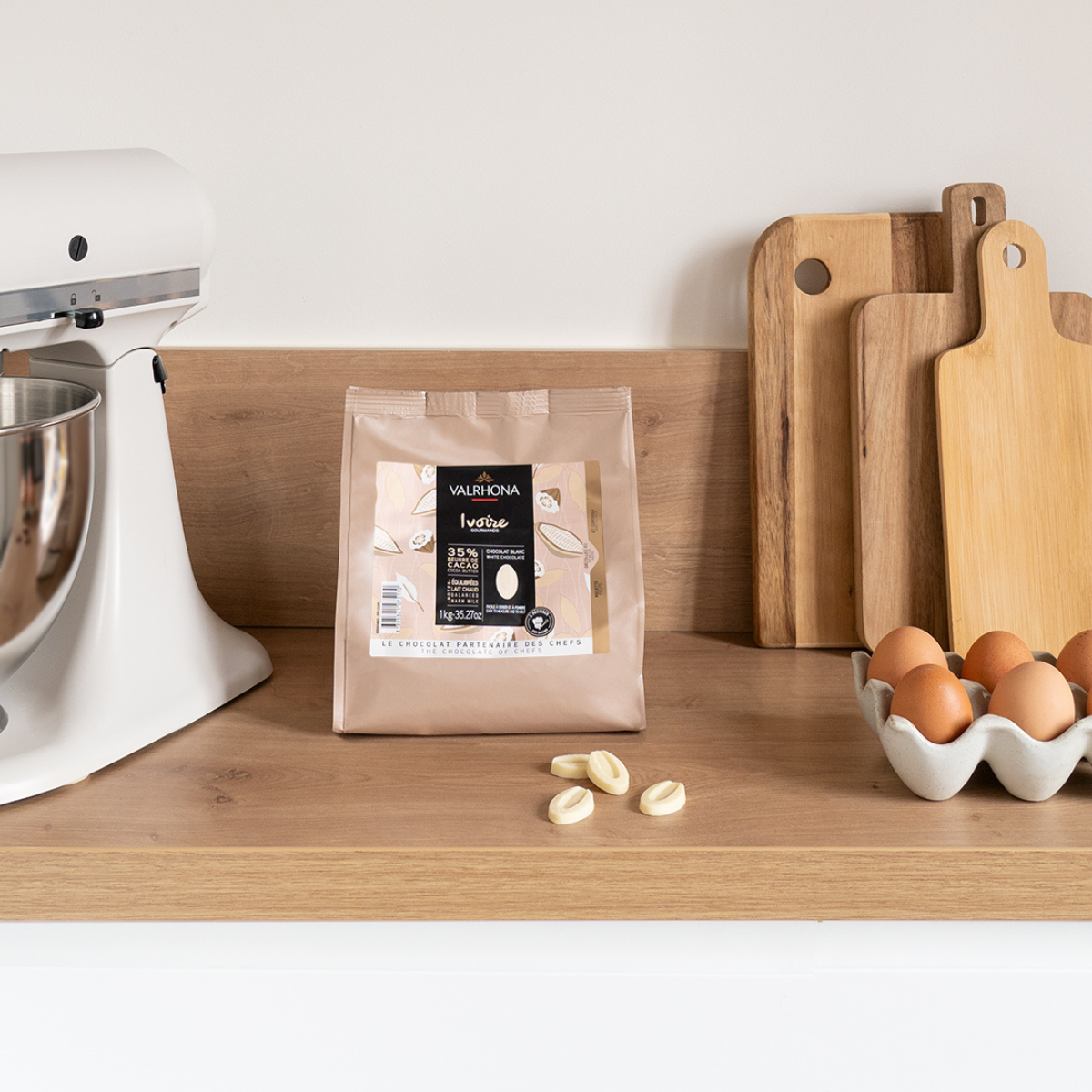 White Baking Chocolate Ivoire 35 Percent Big Bag Product In Kitchen
