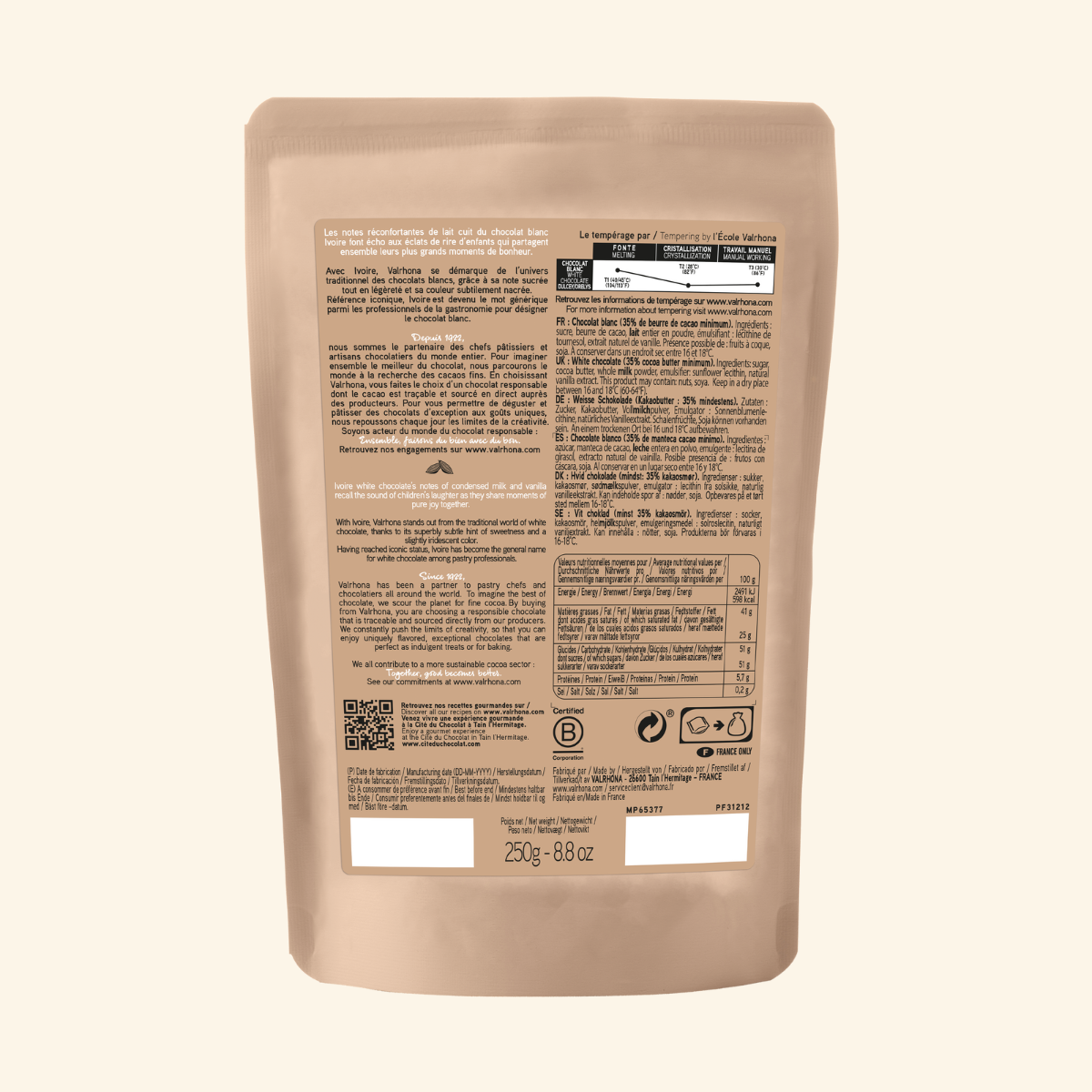 White Baking Chocolate Ivoire 35 Percent Small Bag Back Packaging