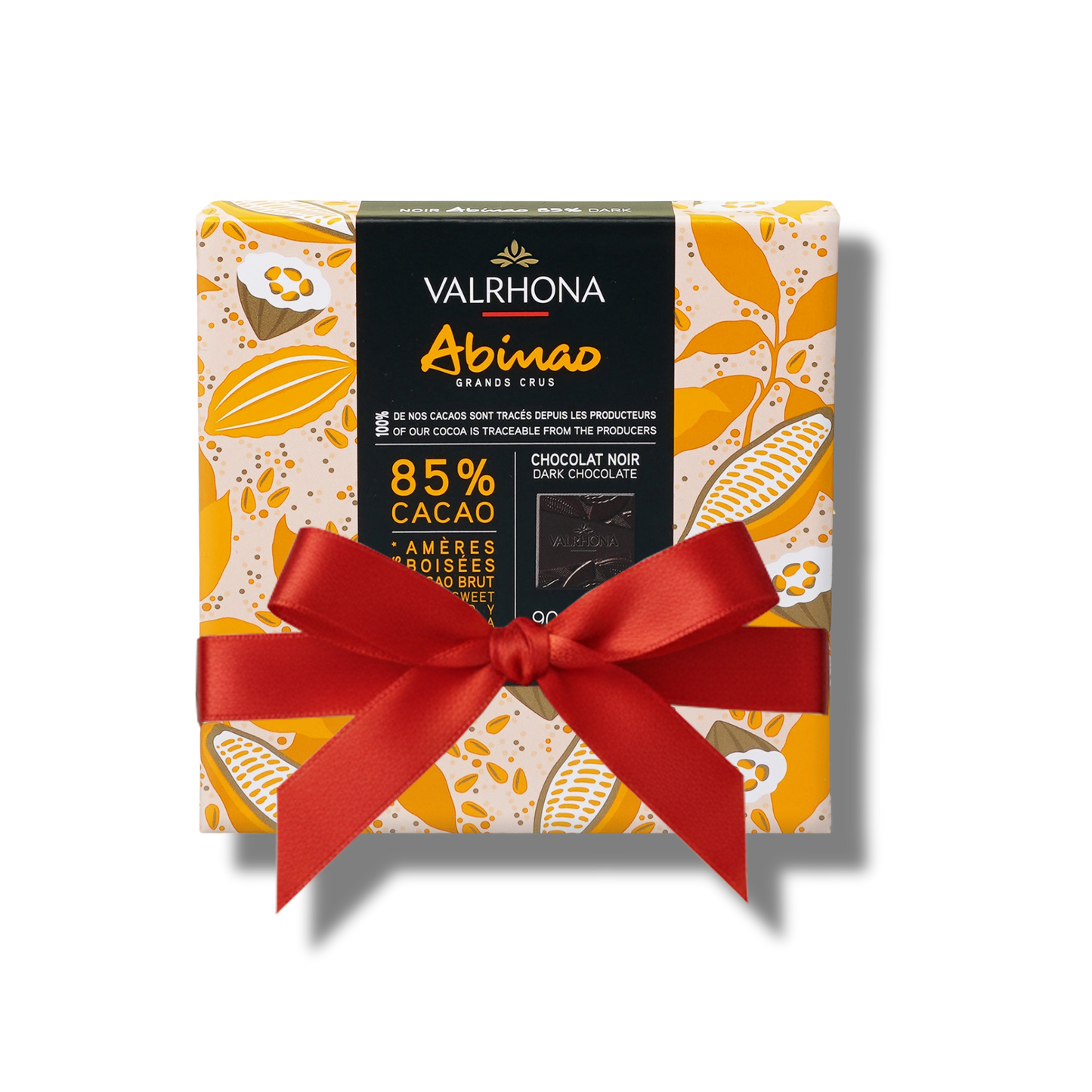 Valrhona Abinao chocolate bar with 85% cacao and a red ribbon valentines day