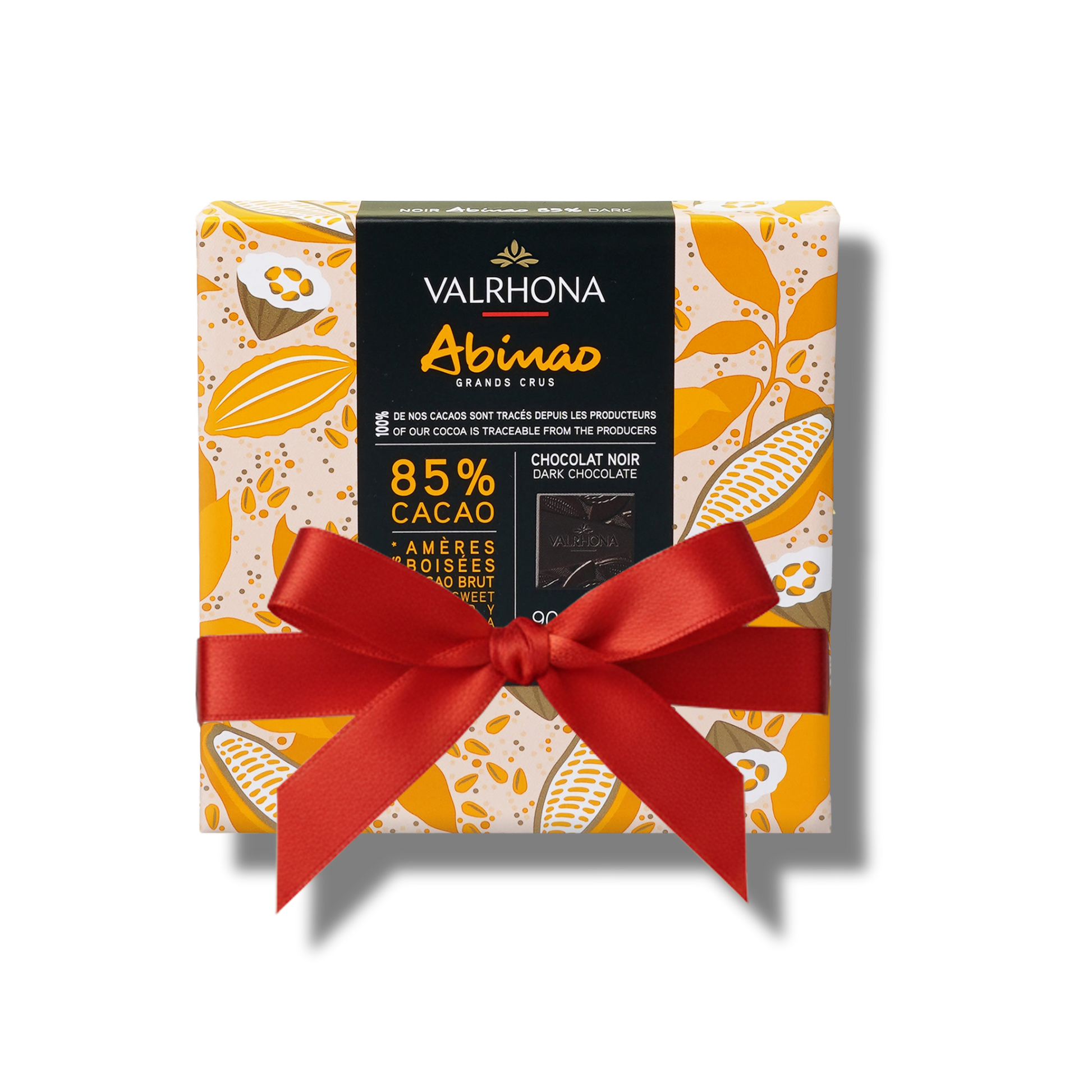 Valrhona Abinao chocolate bar with 85% cacao and a red ribbon valentines day